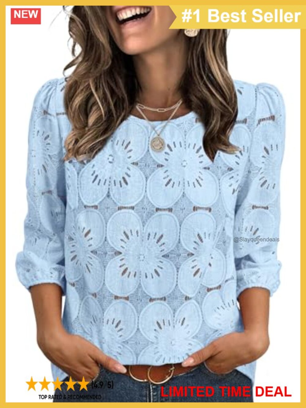 Lace Eyelet Puff Sleeve Blouse 3/4 Sleeve Dressy Casual Top